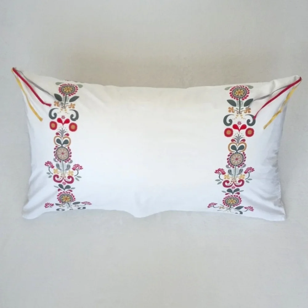 Bohemian Cream w/ Red Yellow Dutch Floral Motif Tasseled Pillow Sham Cover Queen